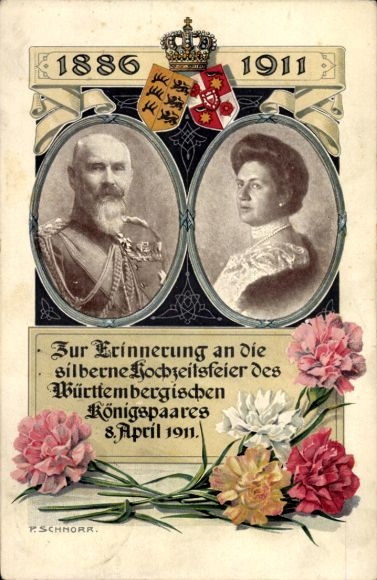 Artist Postcard Schnorr, King Wilhelm II of Württemberg, Queen Charlotte, Silver Wedding 1911, Coat of Arms
