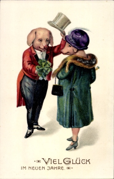 Postcard Happy New Year, Humanized Pigs, Lucky Clover