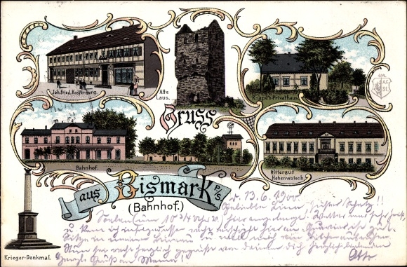 Chromo-Litho Bismark in the Altmark, Alte Laus, Hohenwalsch manor, Knape&#39;s private home, train station