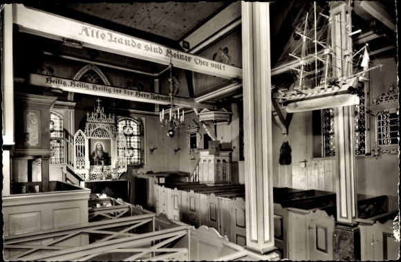 Postcard Nordseebad Spiekeroog in Ostfriesland, island church, interior view