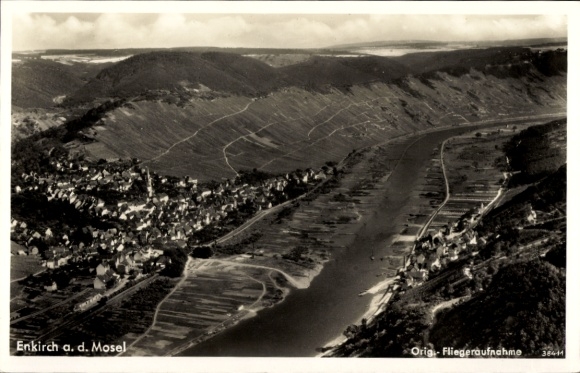 Ak Enkirch an der Mosel, Luftaufnahme von Enkirch, Mosel, beeindruckende Landschaft, Flussansicht