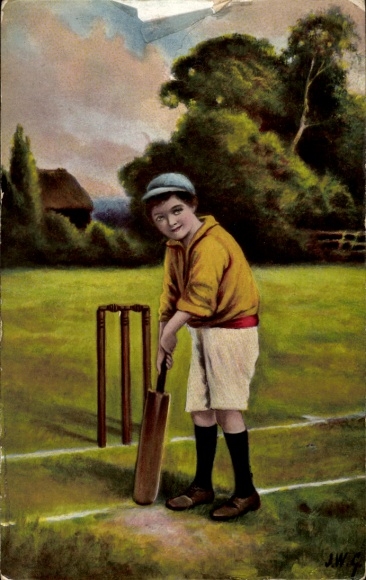 Artist Postcard Cricket game, young player