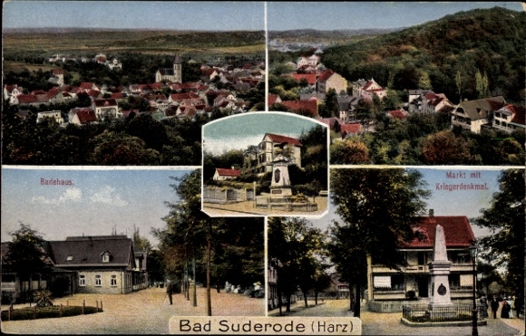 Postcard Bad Suderode Quedlinburg in the Harz Mountains, bathhouse, valley, market with war memorial, view
