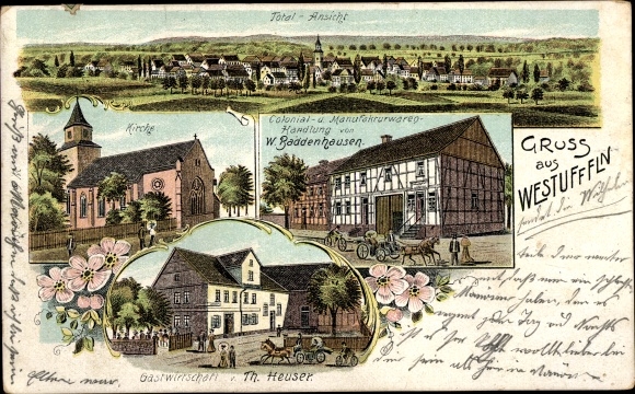 Chromo-Litho Westuffeln Calden in Hesse, colonial goods store W. Baddenhausen, inn, church