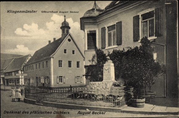 Postcard Klingenmünster Rhineland Palatinate, birthplace of August Becker, monument