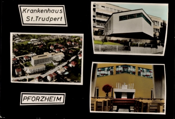 Postcard Pforzheim in the Black Forest, St. Trudpert Hospital, aerial view, interior, modern design