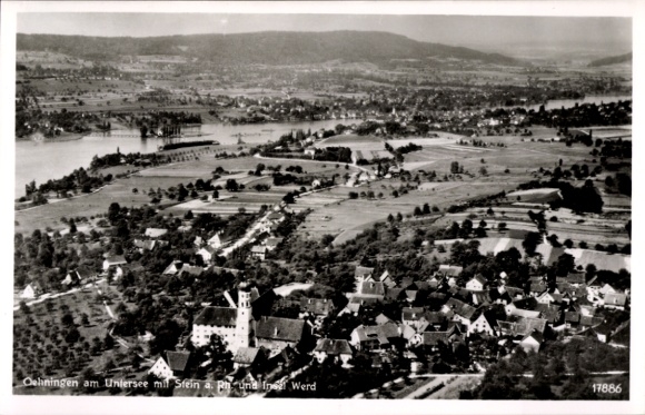 Ak Oehningen Öhningen am Untersee Baden, luchtfoto, Stein am Rhein, eiland Werd