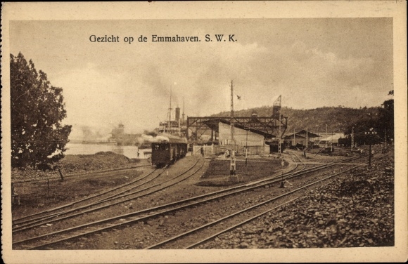 Postcard Emmahaven Teluk Bayur Padang Sumatra Indonesien, Hafen, Bahnhof, Zug