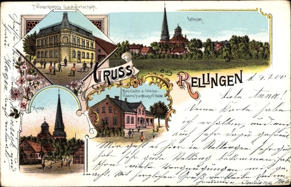 litho Rellingen in Holstein, herberg F. Wöntemann, fabriekswinkel Stoldt, kerk