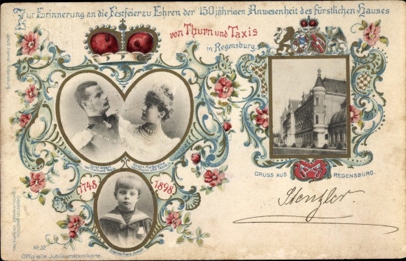 Postal stationery PC Regensburg, celebration of the House of Thurn and Taxis, Prince Albert, Princess Margaretha