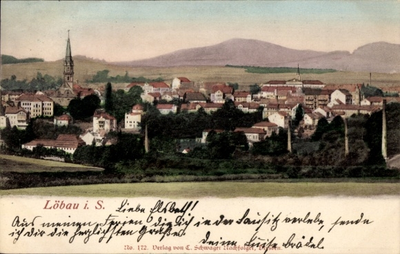Ak Löbau in Sachsen, Stadtansicht  Kirche, Häuser, Landschaft im Hintergrund