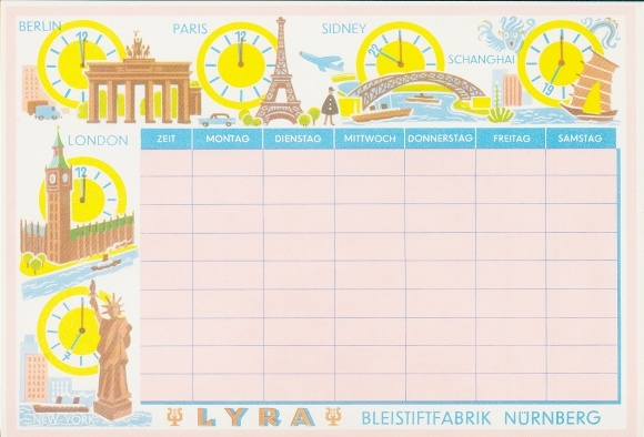 Stundenplan Reklame, Lyra, Bleistiftfabrik Nürnberg, Uhren, Berlin, Paris, New York Sidney