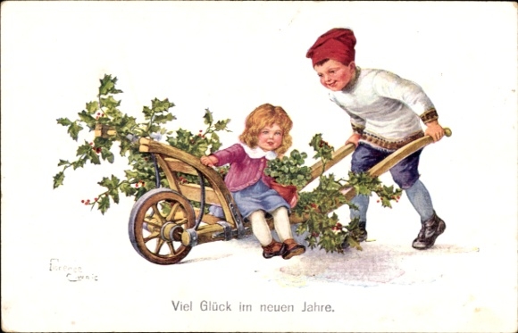 Künstler Ak Glückwunsch Neujahr, Kinder, Stechpalme