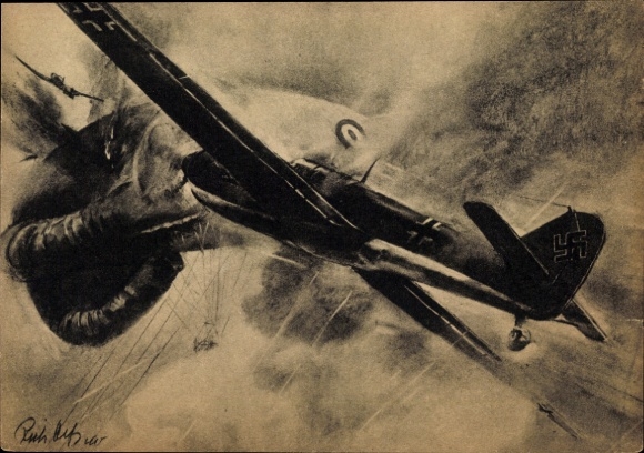 Ak Deutsche Kampfflugzeuge Messerschmitt Me 109 Jagdeinsitzer vernichten feindlichen Fesselballon