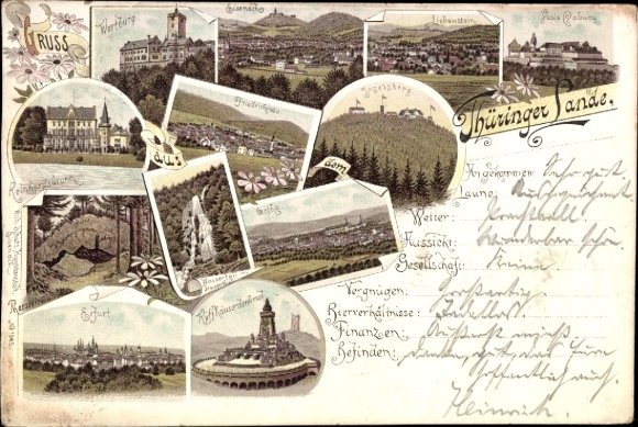 Chromo-Litho Erfurt in Thuringia, Wartburg, Reinhardsbrunn, Kyffhäuser Monument, Inselsberg, Veste Coburg