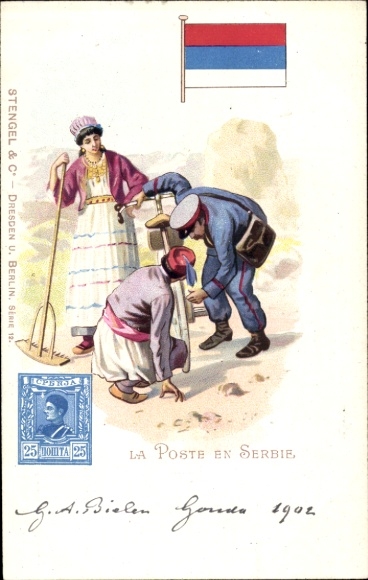 Postage stamps Chromo-Litho The post office in Serbia, postman, bicycle