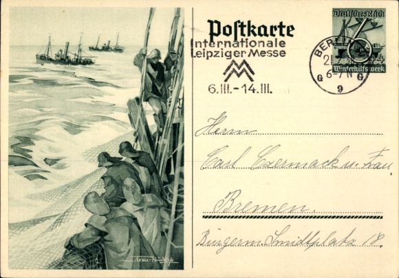 Postwaardestuk Ansichtkaart Axster Heudtlaß, vissers op volle zee, vissersboten