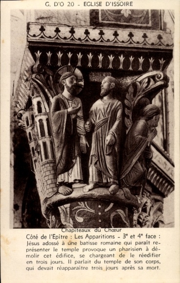 Postcard Issoire Puy de Dôme, relief with Jesus, Pharisees, Roman building, biblical scene