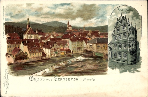 Artist Chromo-Litho Münch, C., Gernsbach im Murgtal Baden Württemberg, village, weir, town hall