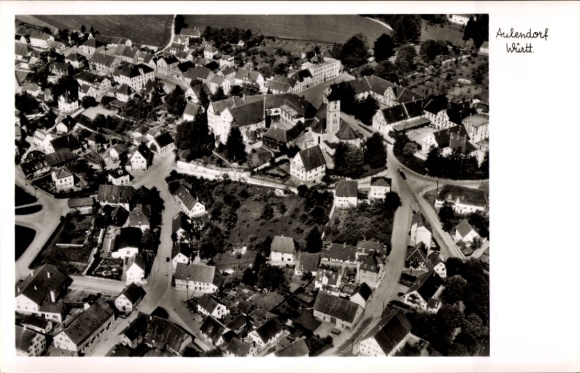 Postcard Aulendorf in Württemberg, aerial view of buildings, streets, church