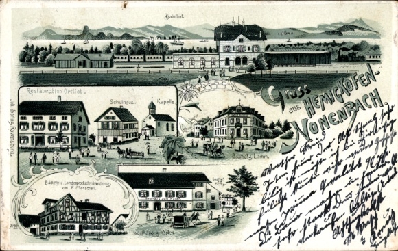 Litho Nonnenbach Hemigkofen Kressbronn am Bodensee, Bahnhof, Restauration Ortlieb, Schule, Gasthof