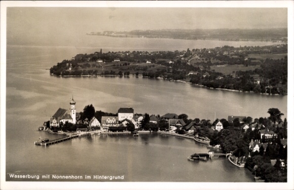 Postcard Wasserburg am Bodensee Swabia, aerial photograph with Nonnenhorn