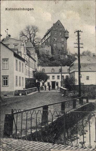 Postcard Katzenelnbogen in the Rhein Lahn district, street area by the water, castle
