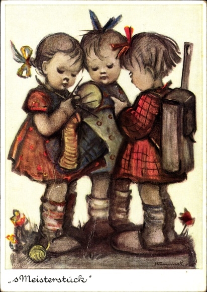 Kunstenaar Ak Hummel, Berta's meesterwerk, meisje breiend, schooltas