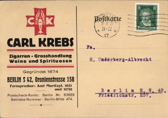 Postcard Carl Krebs, Cigar Wholesaler, Wines and Spirits, Berlin Oranienstraße 158