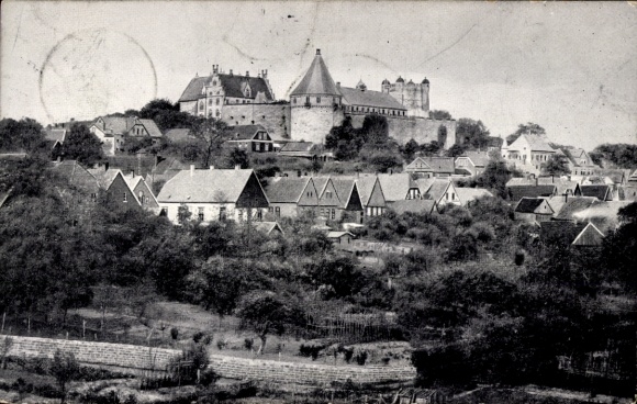 Ak Bad Bentheim in Niedersachsen, Schloss  umliegende Häuser, ländliche Landschaft, aufnahme