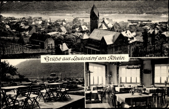 Postcard Leutesdorf am Mittelrhein, general view, Gasthof Drosselgasse, terrace, guest room
