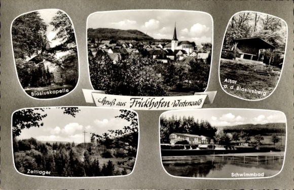 Postcard Frickhofen Dornburg in the Westerwald, Blasius Chapel, Blasiusberg altar, swimming pool, tent camp