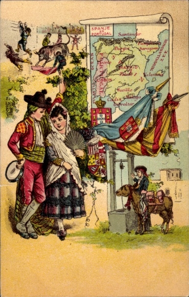 Artist Postcard Spain & Portugal, traditional costumes, map