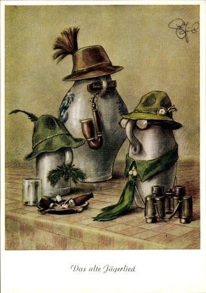 Artist Postcard Geilfus, H., The old hunter's song, humanized jugs, hunter's hats, binoculars, pipe