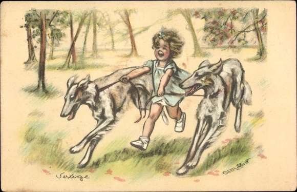Artist PC Bouret, Germaine, girl runs through the park with two greyhounds
