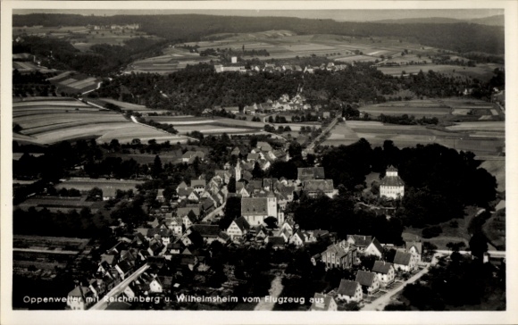 Postcard Oppenweiler in Württemberg, aerial photograph, town with Reichenberg and Wilhelmsheim
