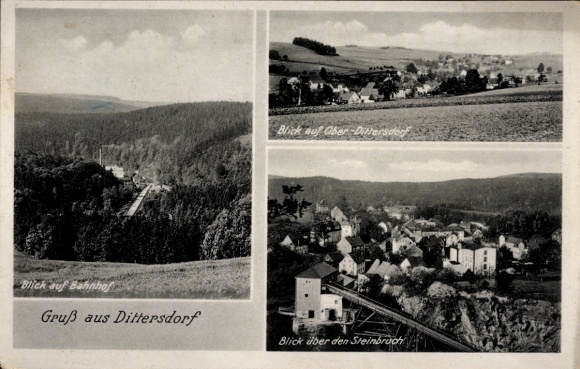 Postcard Dittersdorf Amtsberg in the Ore Mountains, train station, quarry, view of the town