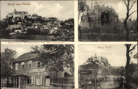 Ak Ranis Saale Orla Kreis, Städt. Krankenhaus, Restaurant Wilhelmshain von Otto Schumann, Burg