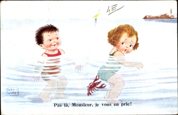 Artist Postcard Wills, John, Bathing Children, Lobster