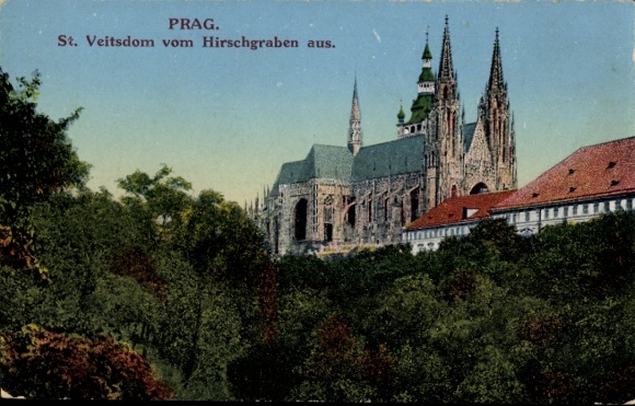 Ak Hradčany Hradschin Praha Prag Tschechien, St. Veitsdom, Hirschgraben, gotische Architektur