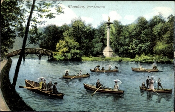 Postcard Glauchau in Saxony, rowing on the Gründelteich
