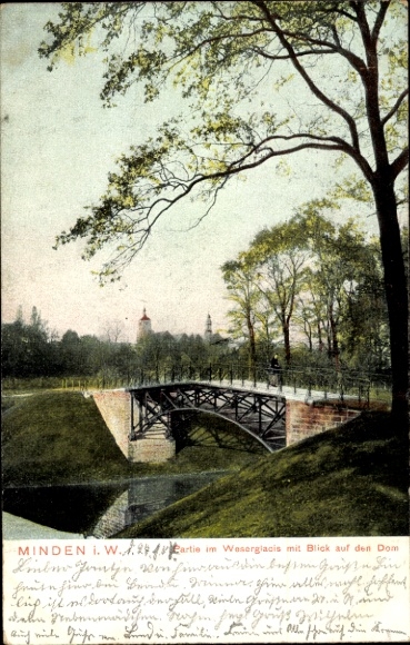 Ak Minden in Westfalen, Brücke im Wasserglacis, Blick auf den Dom