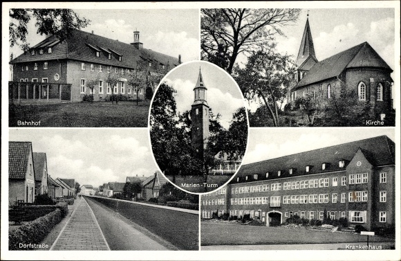 Postcard Sande in Friesland, train station, church, Marienturm, village street, hospital