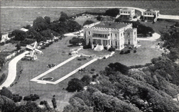 Postcard Barbados BWI, Sam Lord's Castle, large lawn, windmill, several buildings