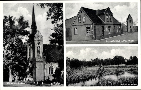 Postcard Eickeloh in Lower Saxony, church, commercial building, lot in the break