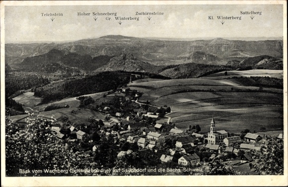 Ak Saupsdorf Sebnitz Saksen, panorama vanaf de Wachberg, Zschirnsteine, Teichstein