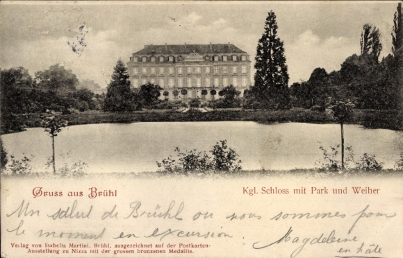 Ansichtkaart Brühl in Westfalen, kasteel, park en vijver, groeten uit de medaille, ansichtkaartententoonstelling