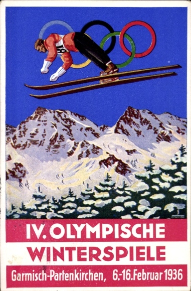 Artist Postcard Garmisch Partenkirchen in Upper Bavaria, Olympic Winter Games 1936, Ski Jumping