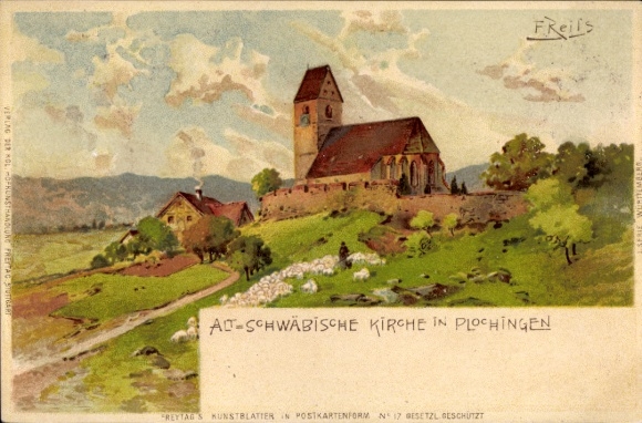Artist Chromo-Litho Reiss, Fritz, Plochingen in the Esslingen district, Old Swabian Church, Shepherd