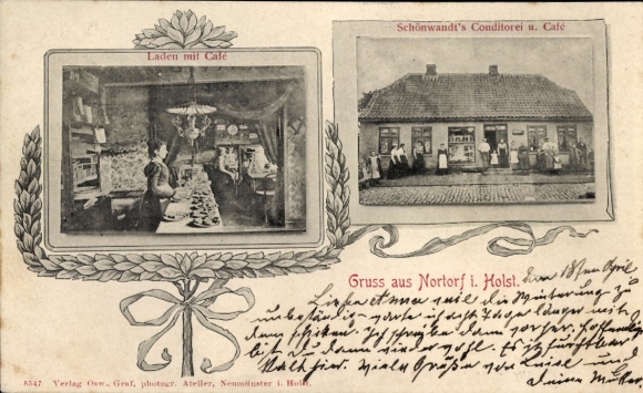 Ak Warder bei Nortorf in Holstein, Laden mit Café, Schönwandt's Conditorei, Gruß aus Nortorf
